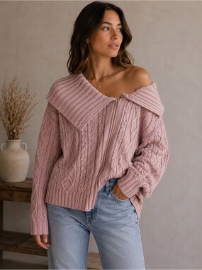 Hurley Off-the-Shoulder Pink Sweater Size M Cable Knit Oversized Chunky Cozy